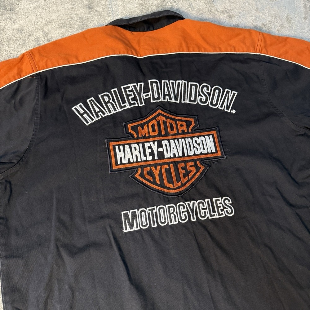 Harley Davidson Button Down Shirt Mens XL Black Orange Short Sleeve Logo - Picture 6 of 8